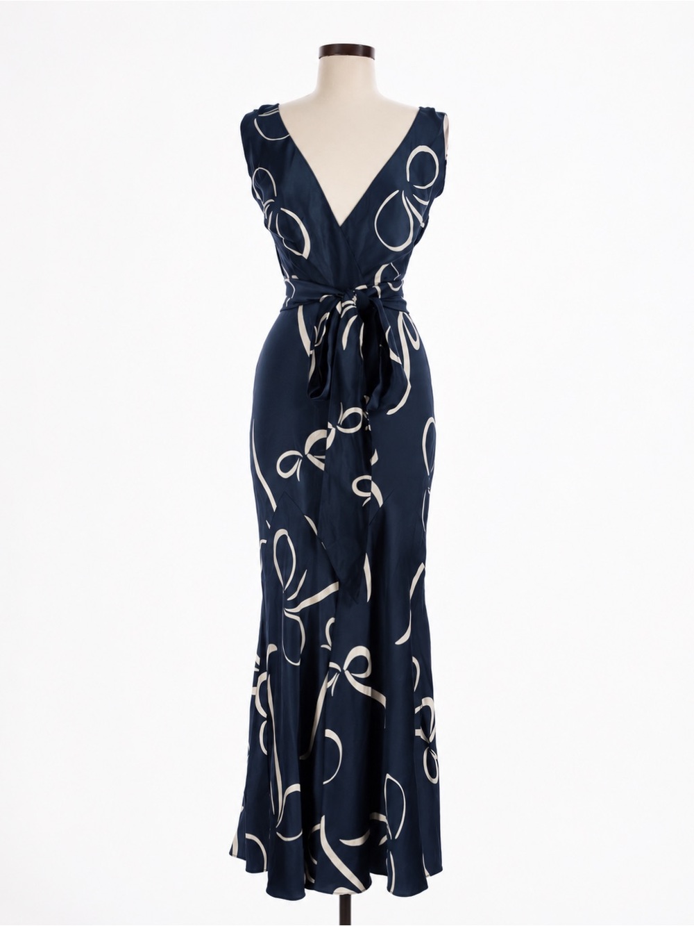 Ralph Lauren Collection Silk Maxi Dress 6 Navy Fitted Bow Print Wrap Gown Vintag